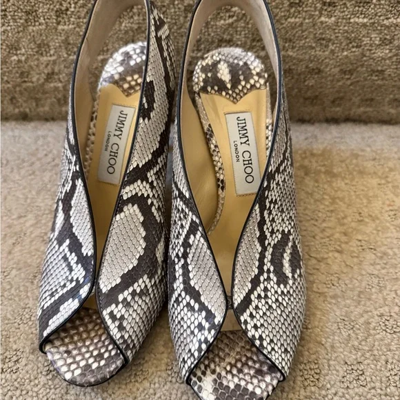 Jimmy Choo Women's Snakeskin Peep-Toe Heels - Black and White - Picture 2 of 6